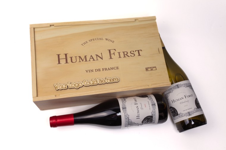 Ξύλινο Κιβώτιο 2 Φιαλών Γαλλικών κρασιών Human First – Vin de France 