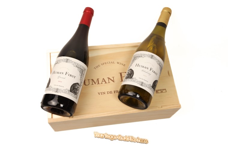 Ξύλινο Κιβώτιο 2 Φιαλών Γαλλικών κρασιών Human First – Vin de France 